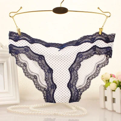 white with navy dot AMINA,, кружевные трусики, женское нижнее белье, сексуальные трусики в горошек, мягкие трусики, большие размеры, бразильские трусы, 4 цвета, L, XL, с принтом в горошек - Цвет: white with navy dot