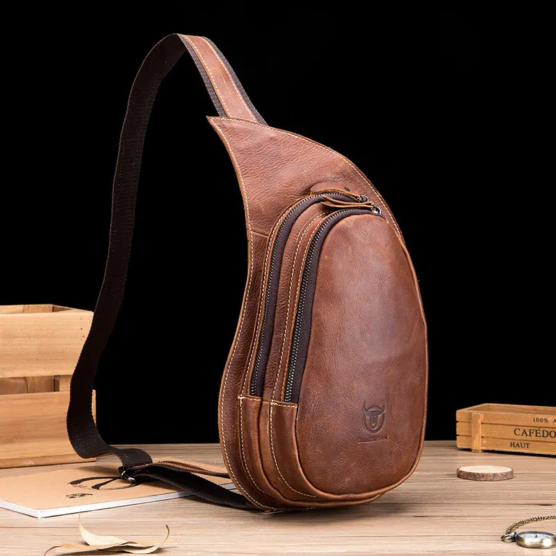 brown BULLCAPTAIN кожаная сумка через плечо для мужчин Crazy Horse кожа нагрудная сумка в стиле casual плечевой ремень пакет Новая мода - Цвет: brown