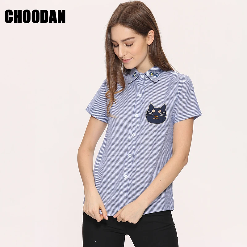 Женская полосатая блузка из хлопка и льна с объемной вышивкой в виде кота Новинка