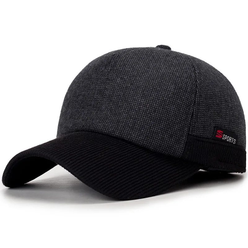 black Теплые зимние утолщенные Бейсбол Кепки с ушками Для мужчин хлопок snapback шляпу зима Шапки ушами для Для мужчин Для женщин шляпа - Цвет: black