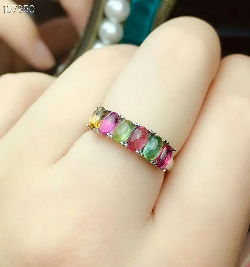 

[MeiBaPJ Natural Tourmaline Gemstone Fashion Colorful Stone Ring for Women Real 925 Sterling Silver Charm Fine Jewelry