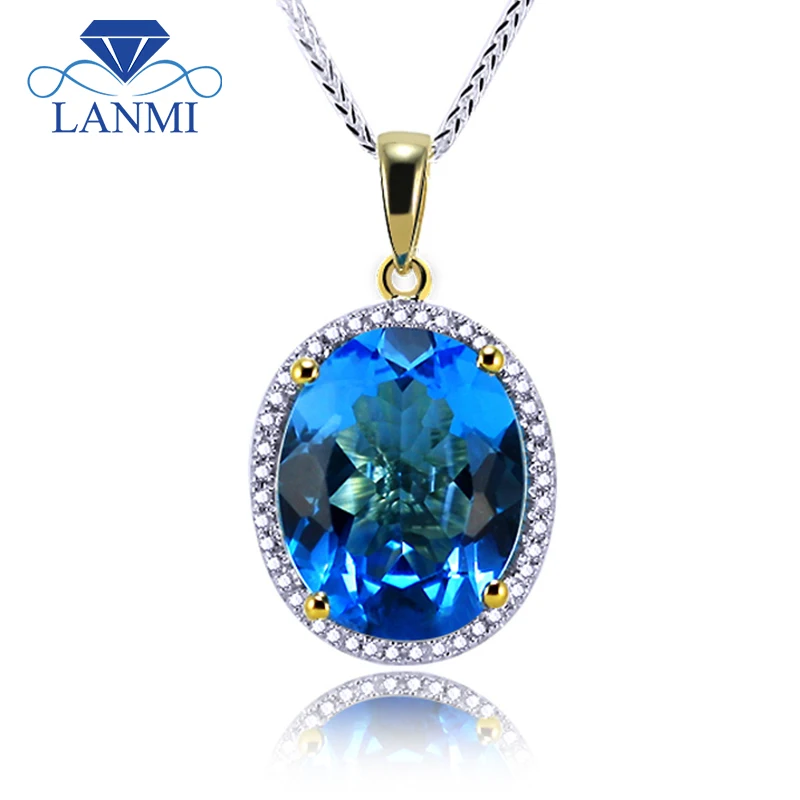 Natural Blue Topaz Pendants In18K Yellow Gold Diamonds Pendant Oval 12x15mm For Women E0003 | Украшения и аксессуары