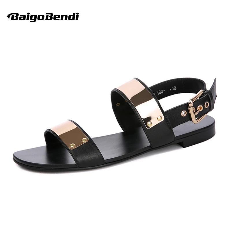 US 6-12 45 Men's Genuine Leather Metal Gold Flats Roman Rivet Gladiator Summer Beach Sandals Punk Shoes