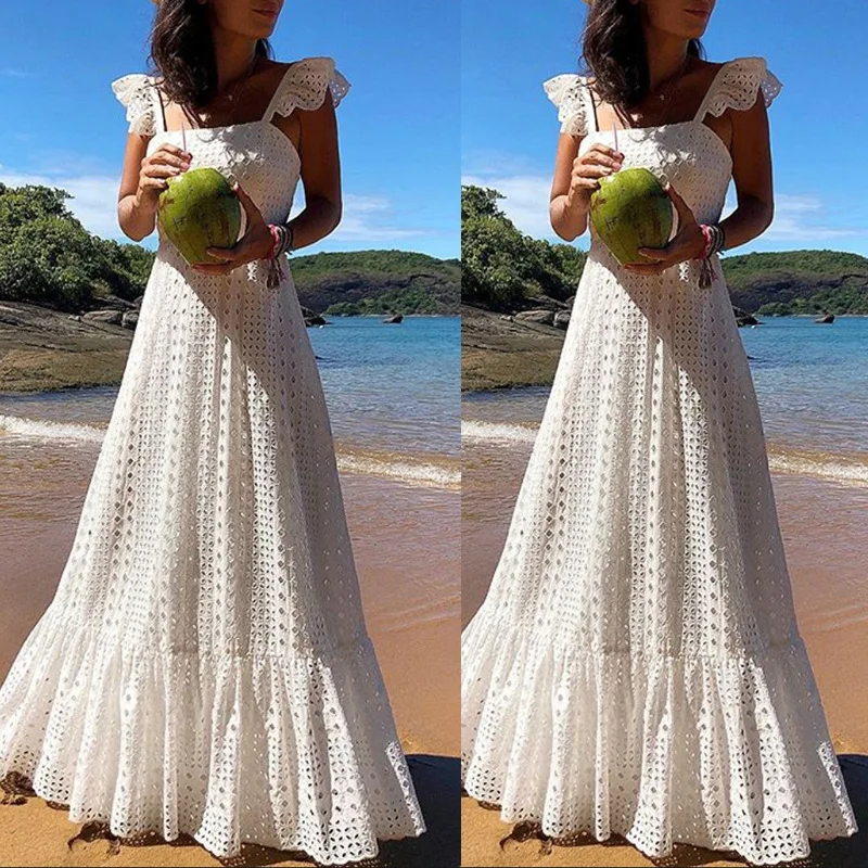 Женское кружевное платье Boho белое длинное большого размера для пляжа 2019 | Женская