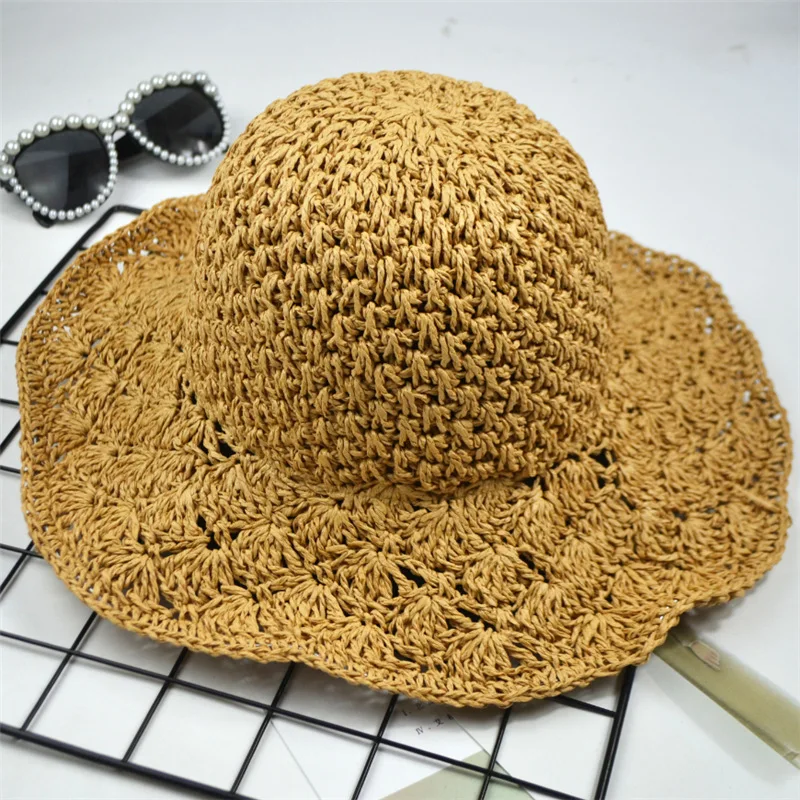 Женская шляпа с широкими полями, новинка, ручная работа, вязаная крючком соломенная солнцезащитная Кепка, летняя Модная Складная Женская Солнцезащитная пляжная кепка с козырьком H067