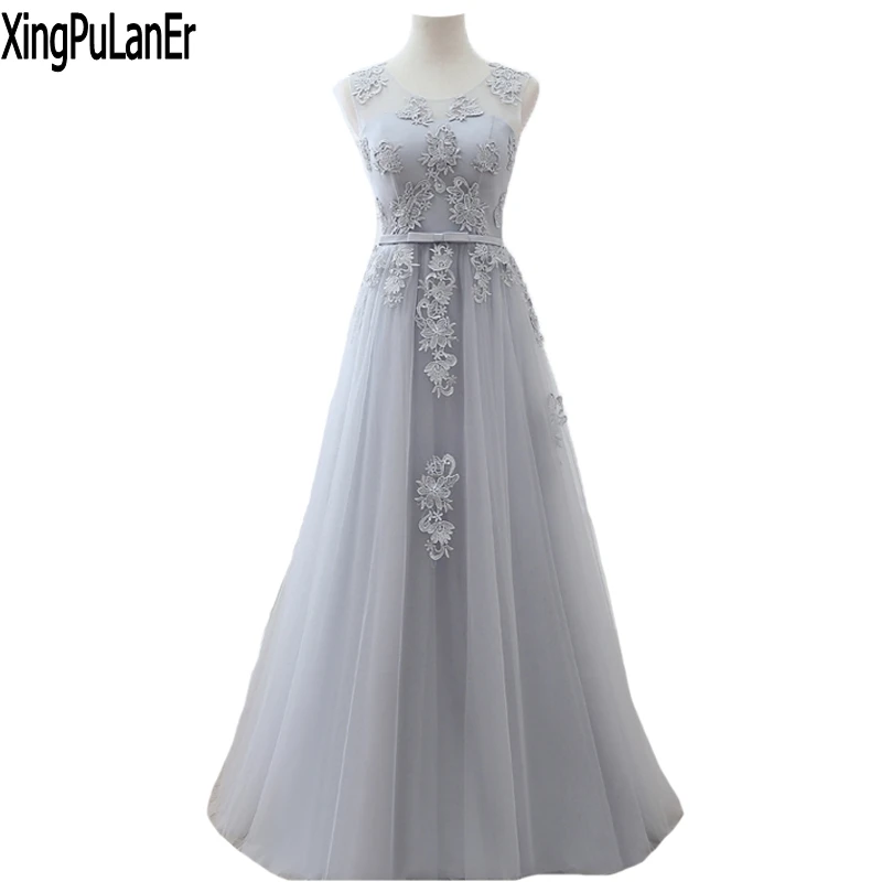 

robe de soiree A Line Scoop Neck Grey Tulle Lace Appliques Simple Elegant Custom Made XingPuLanEr Long Evening Dresses