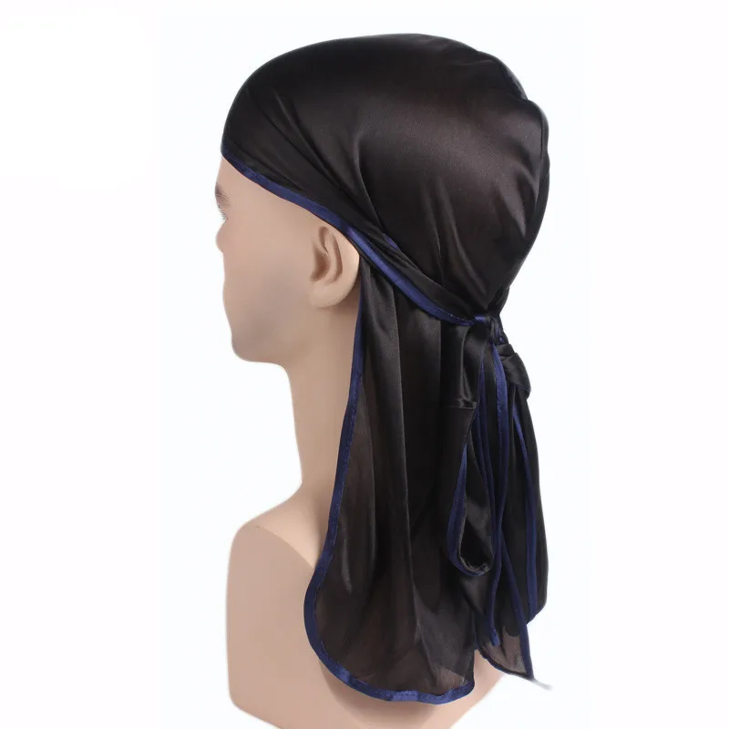black blue Новые роскошные мужские шелковистые дюраги Бандана тюрбан шляпы парики Doo мужские атласные дюраг головной убор для байкеров головная повязка пиратская шляпа аксессуары для волос - Цвет: black blue