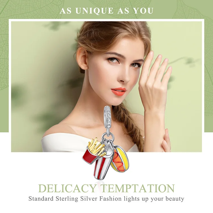 BISAER, 925 пробы, серебро, вкусная еда, Хот дог, попкорн, милые Очаровательные Подвески, оригинальные браслеты и ожерелья ECC347