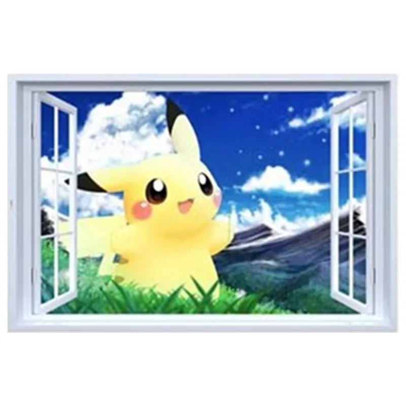 Pocket Monster game poster Baby Pikachu 3d Виниловые наклейки на стену с фальш окном для детских