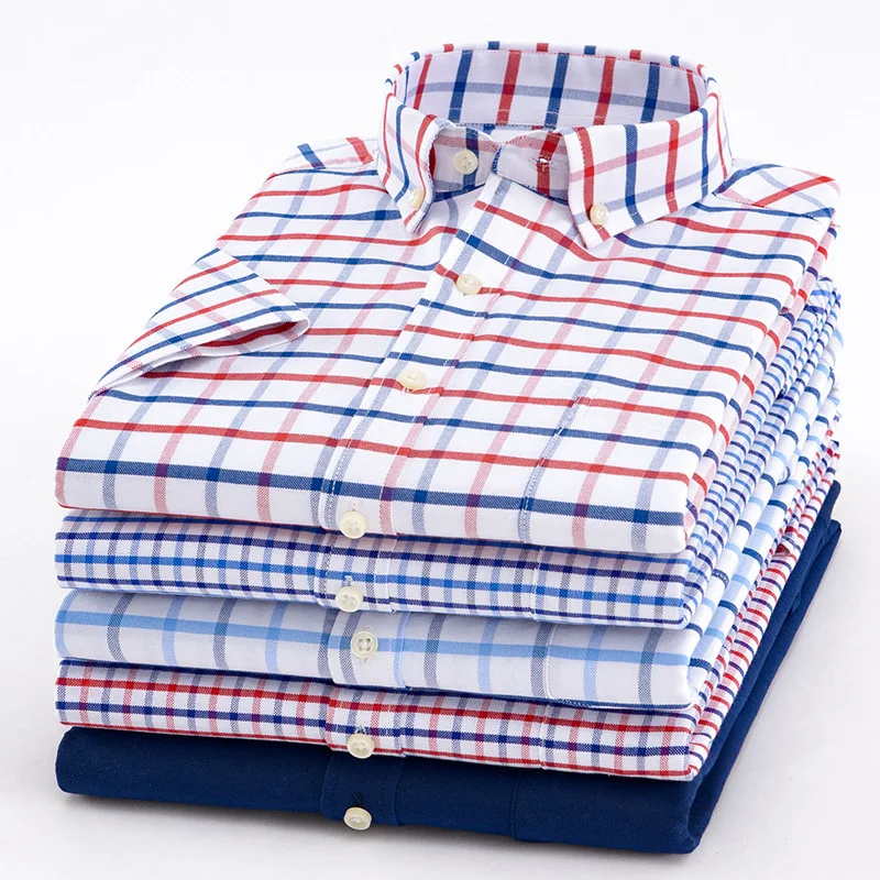 Мужские рубашки с коротким рукавом в черно белую полоску однотонная клетчатая