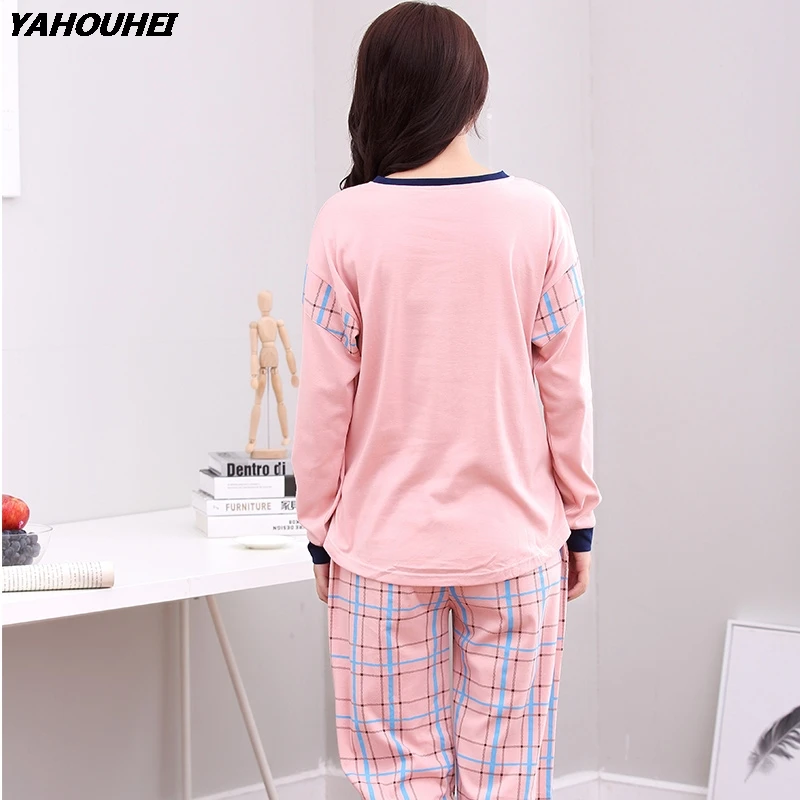 100% хлопок пижамные комплекты для женщин Осень-зима длинный рукав мультяшная