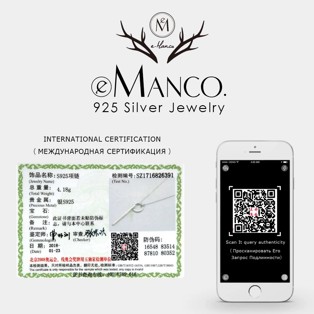 E-Manco, 925 пробы, серебряная Длинная подвеска, простая подвеска, минималистичное и романтичное стильное ювелирное изделие, подарки для женщин