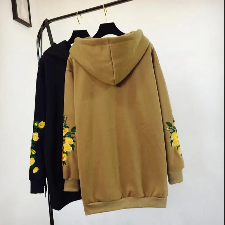 new long section of winter hoodies flower embroidered sleeves Sweatshirts women | Женская одежда