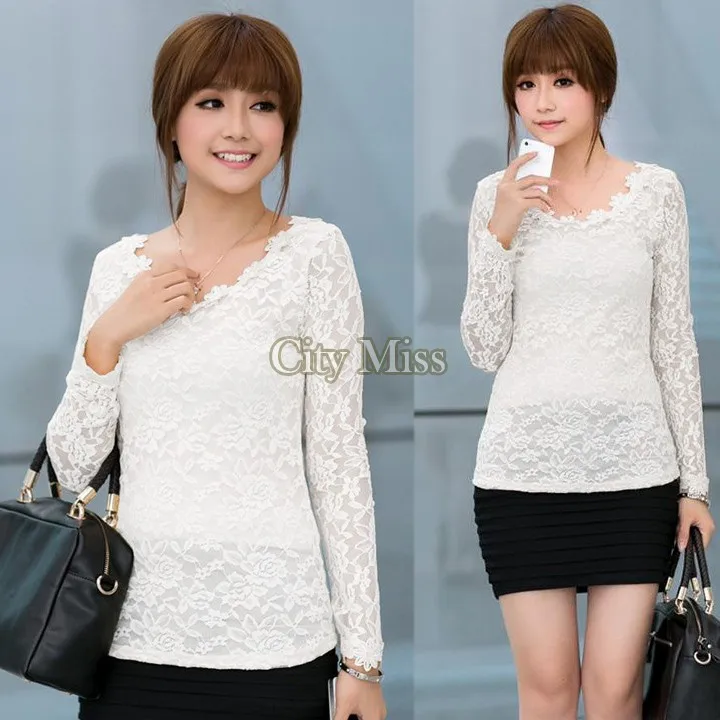 2014 new HOT White/Black/Apricot Women Lace Sleeve Chiffon Blouse Shirt Tops Gorgeous Shirts Long Embroidery B3 SV000718 |