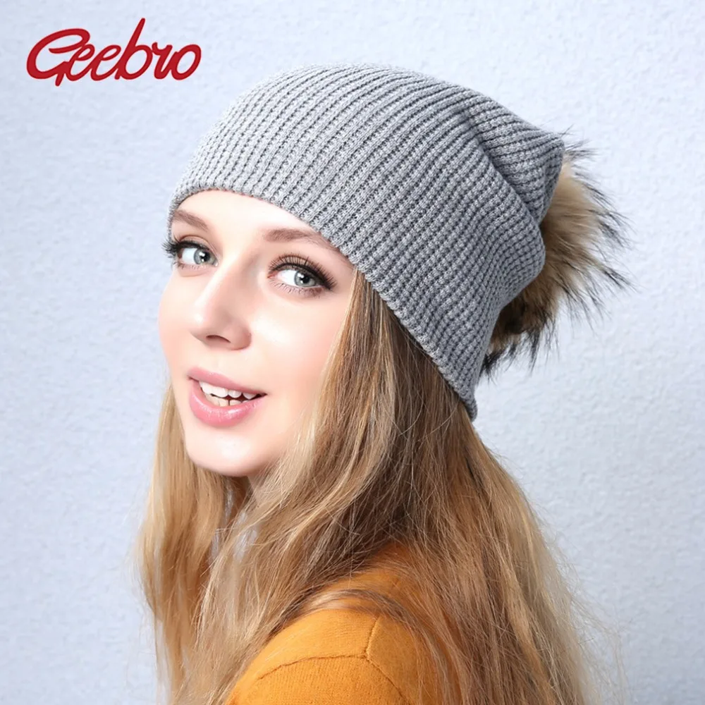 Geebro женские вязаная шапка с помпоном повседневные зимние теплые вязаные шапки