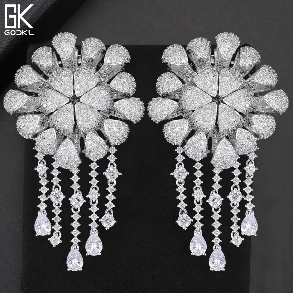 GODKI Luxury Daisy Flower Nigerian Tassels Long Dangle Earrings For Women Zircon Crystal African Indian Dubai Bridal Earring | Украшения и