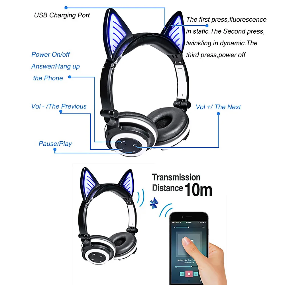 Bluetooth наушники беспроводные складные мигающие кошачьи игровая гарнитура с