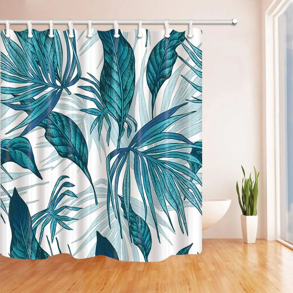 

Natural Vintage Plants Decor Tropical Leaves Shower Curtain Waterproof Polyester Fabric Bathroom Decorations Blue White