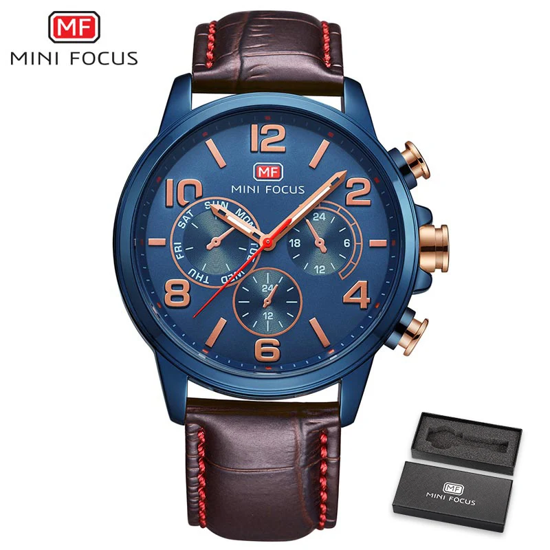 leather Blue Бренд MINI FOCUS, мужские часы, повседневные, водонепроницаемые, модные, из нержавеющей стали, с сетчатым ремешком, кварцевые часы для мужчин, Роскошные, повседневные, наручные часы - Цвет: leather Blue
