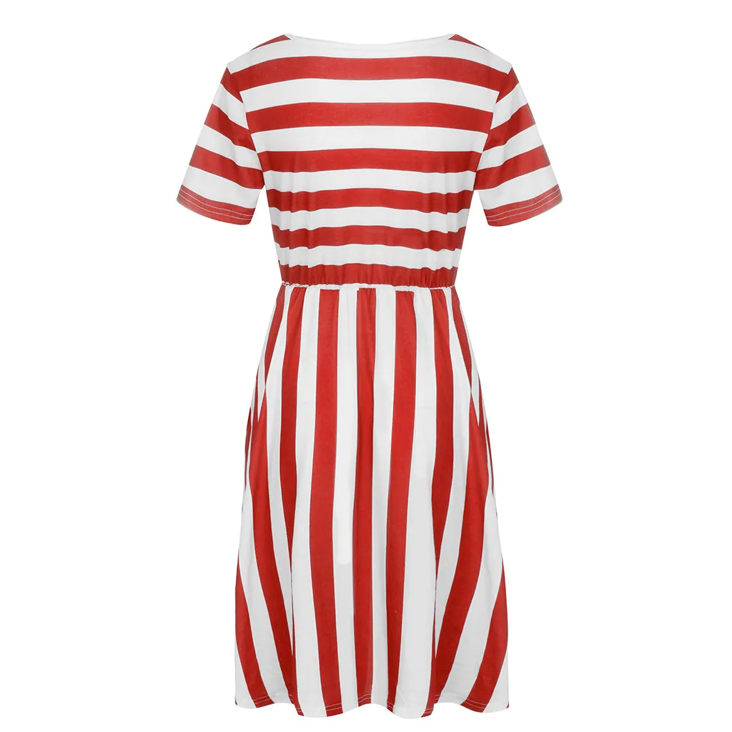 Женское платье с короткими рукавами CHAMSGEND Повседневное в полоску карманами и