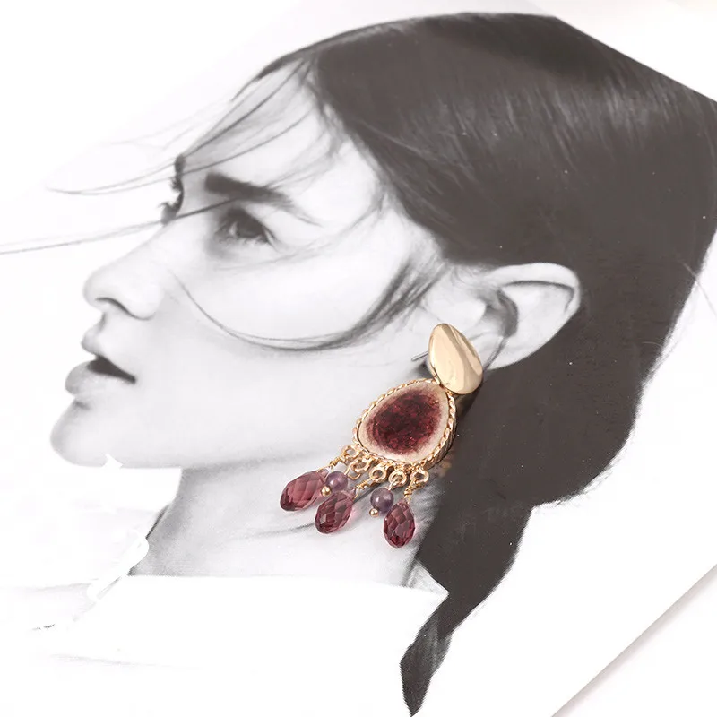 XQ wine red ceramic stone inlay drop pendant earrings alloy faceted glass fashion new jewelry accessories | Украшения и