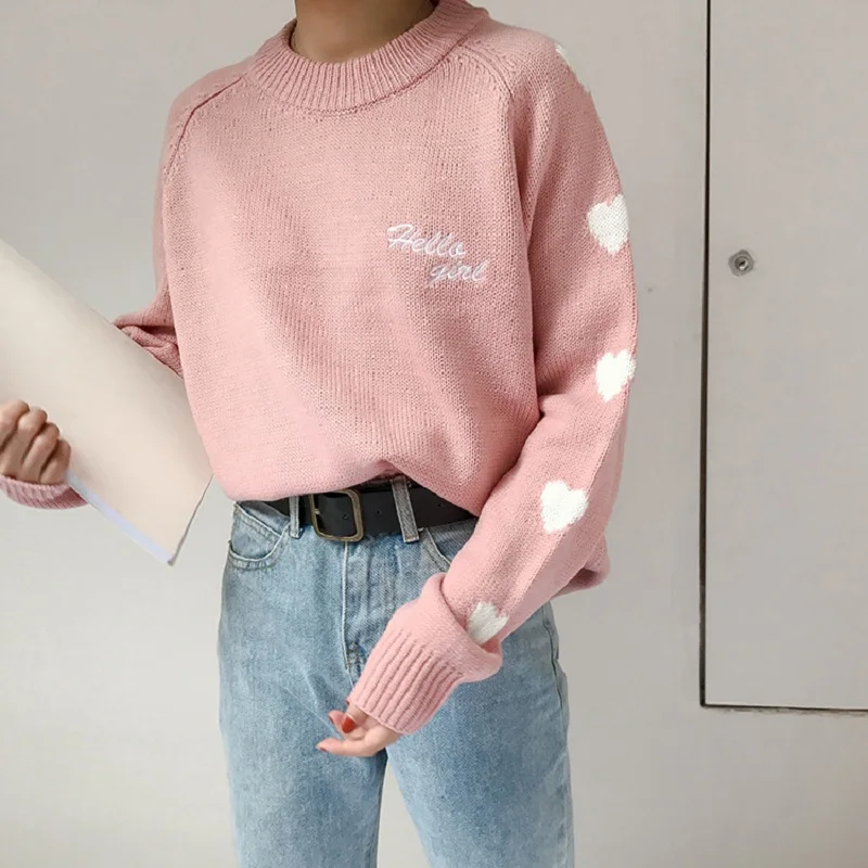 Harajuku Plus Size Casual Women Sweaters 2019 Autumn Fashion Kawaii Love Heart Embroidery Pullover Sweater Female | Женская одежда