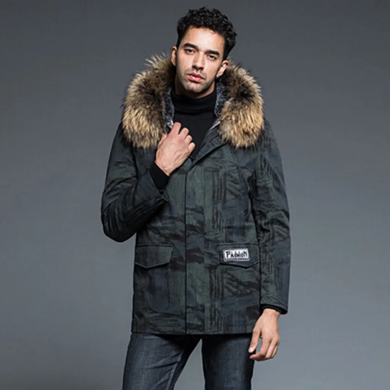 Зимняя куртка с капюшоном и воротником из натурального меха енота Мужская парка