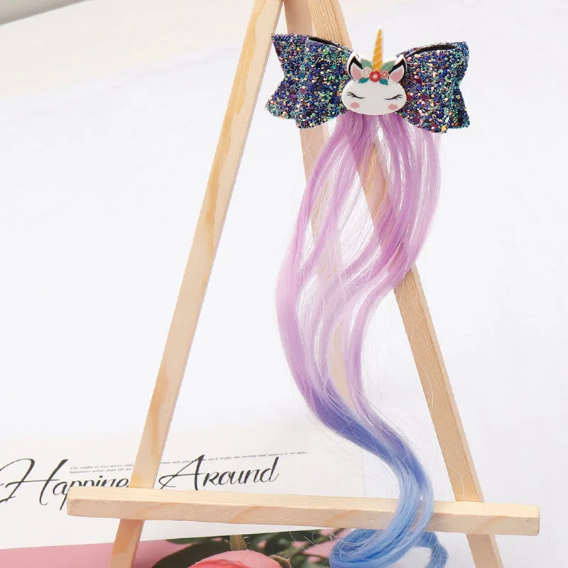4 Cheer Bow 3" Glitter Hairbow Girls Kids Children Hairclip With Cartoon Unicorn Long Wig Baby Lovely Hairgrip Hair Accessories - Цвет: 4