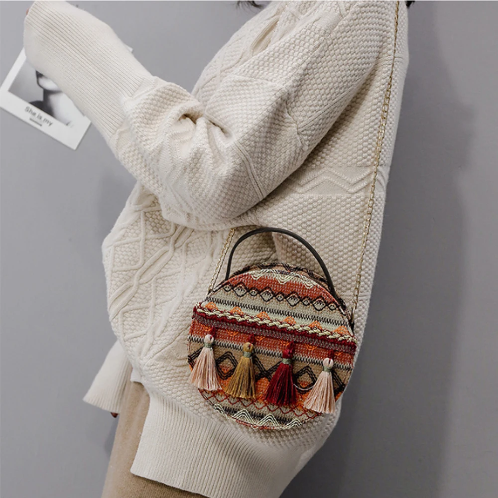 Boho национальная круговая Маленькая женская сумка через плечо, стеганая сумка-кошелек с цепочкой на ремне, праздничная дорожная сумка