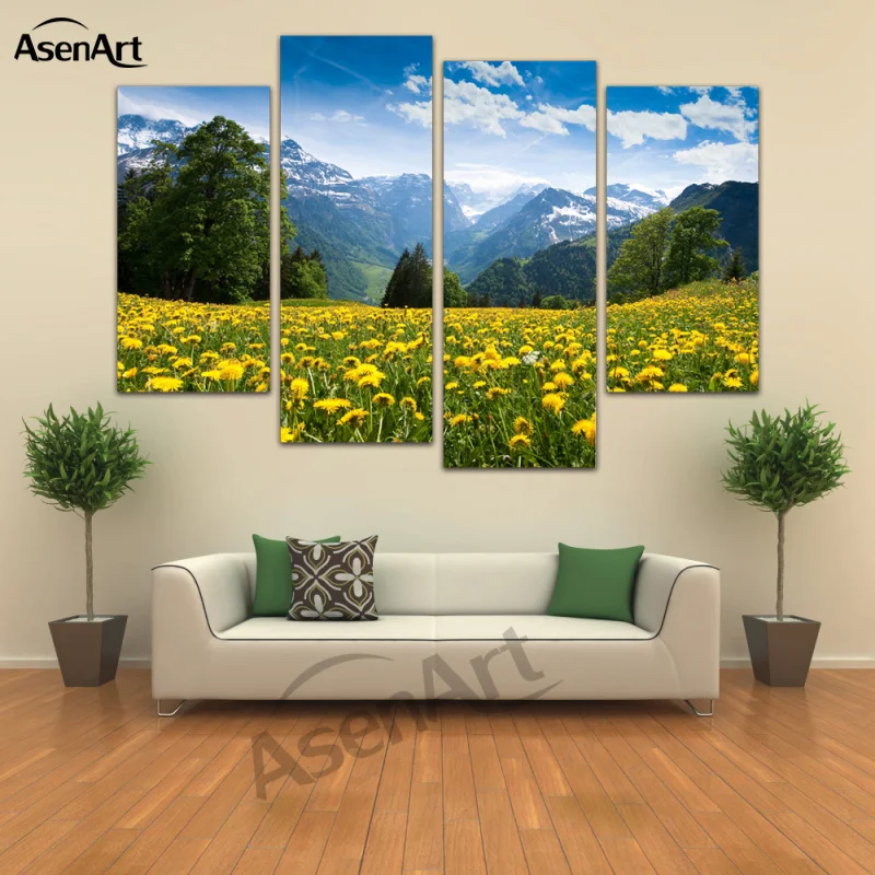 4 панели стены искусства холст печать цветок горы Картина Пейзаж с деревом для