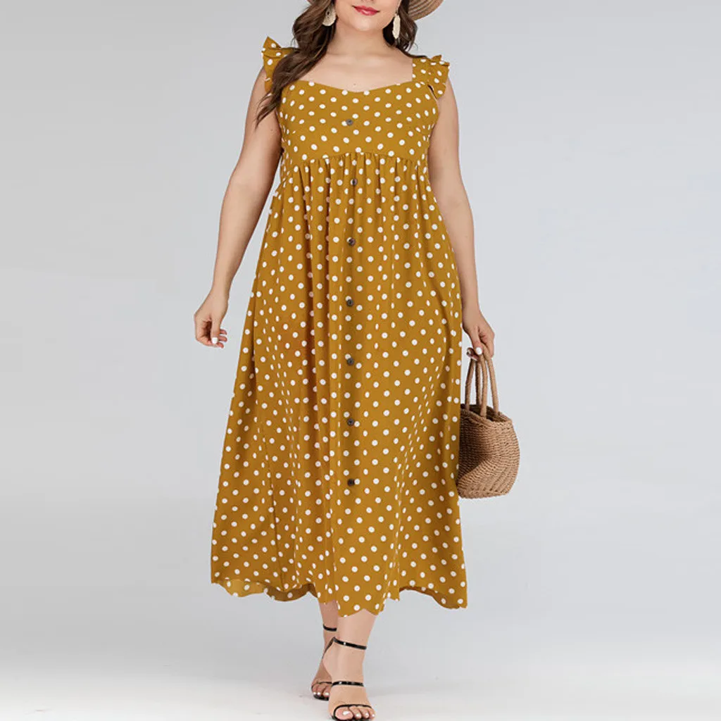 Женское платье без рукавов повседневное длинное пляжное в горошек большого