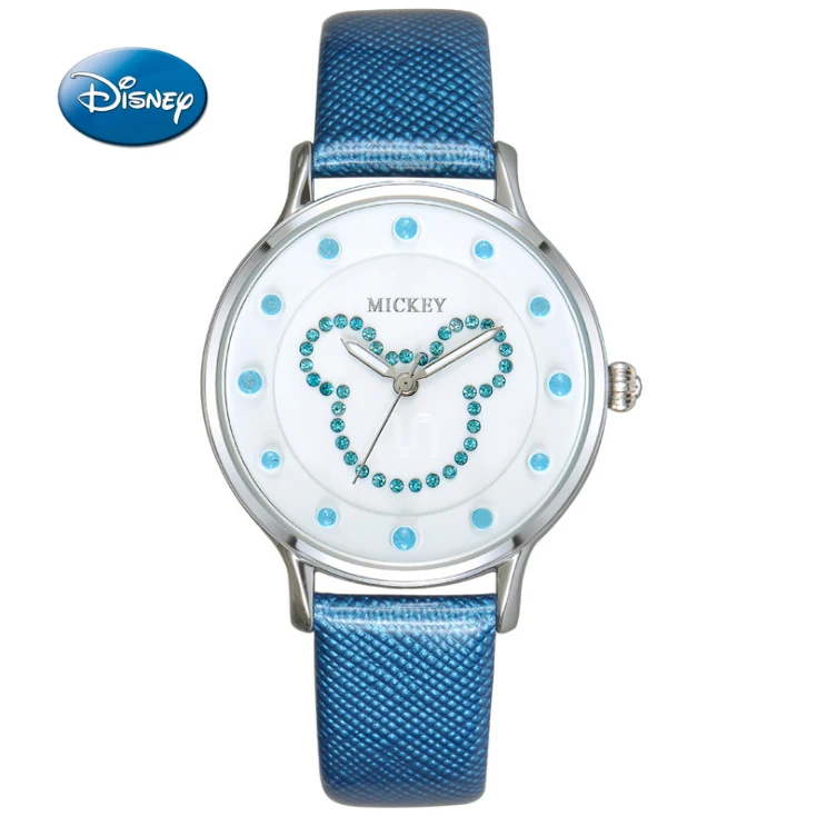 Женские роскошные круглые часы с Микки Маусом из натуральной кожи со стразами