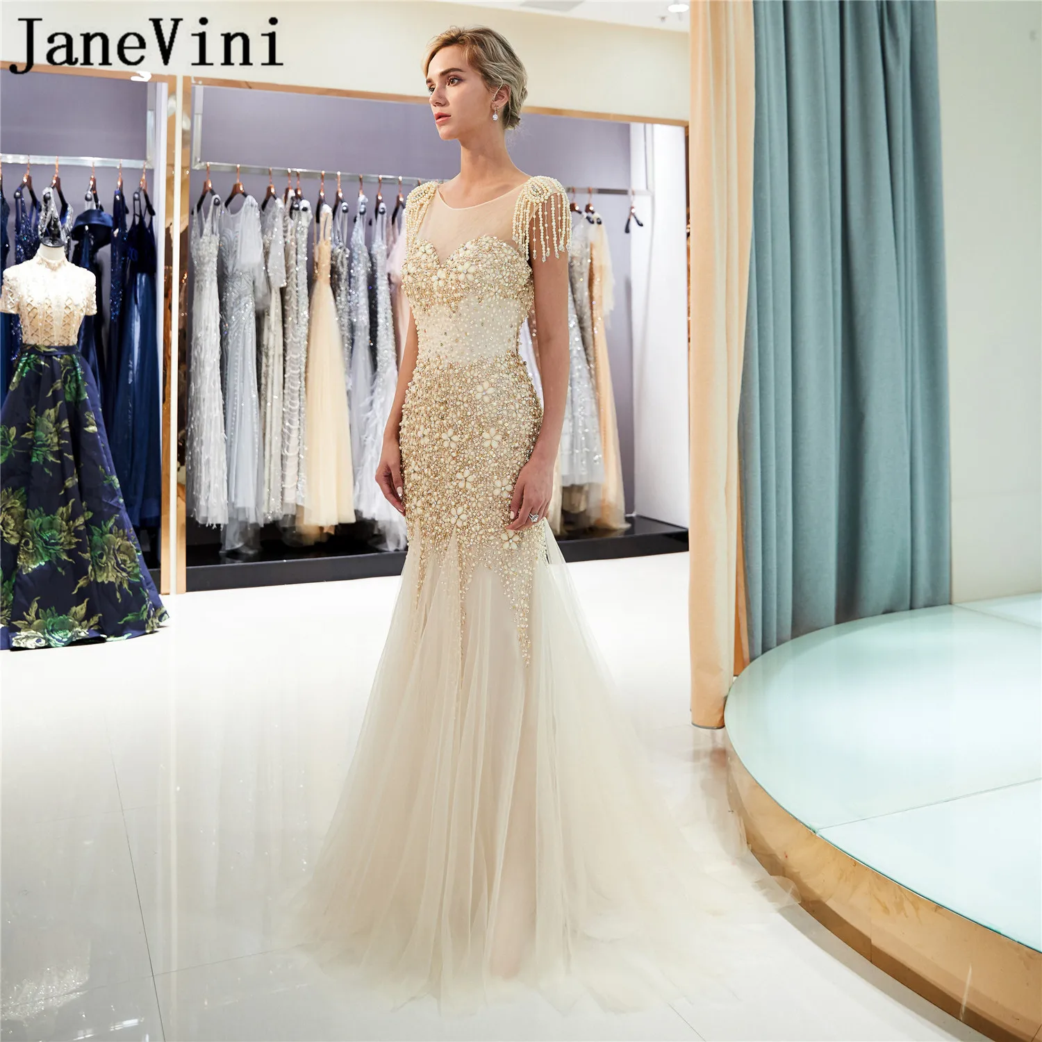 JaneVini jurk lang Gray Mermaid Prom Dresses 2019 Sparkly Crystal Beaded Long Gala Dresses with Jewelry Tulle Evening Party Gown