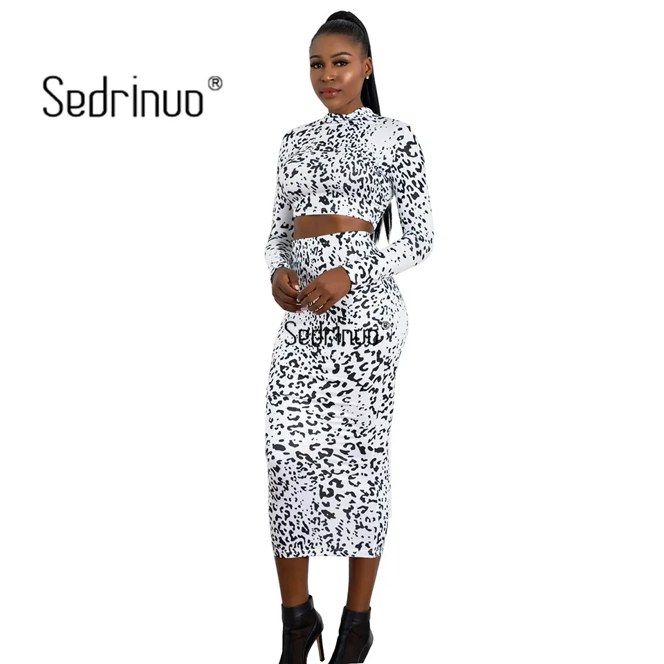 

Sedrinuo 2020 Women Bodycon Leopard Long Sleeve Top And Long Skirt Mock neck Two Pieces Sexy Set