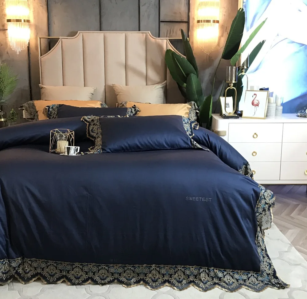 

Noble 100S Egyptian cotton Tencel Silky Bedding sets Blue Queen King Luxury Lace Edge Royal Duvet cover Bed sheet set Europe 4pc