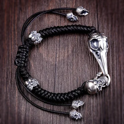 Skull rope bracelet Настоящее 925 пробы Серебряный браслет для мужчин ретро шнур "череп" мужские s браслеты ручной работы Серебряный Орел Череп плетеные мужские ювелирные изделия - Окраска металла: Skull rope bracelet