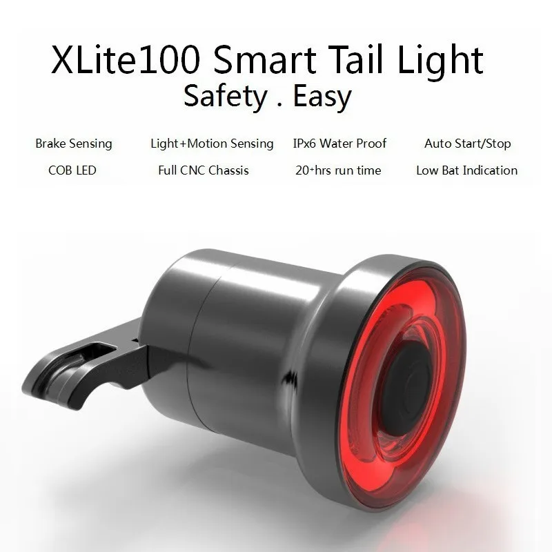 

XLITE100 Bicycle Flashlight For Bike Auto Start/Stop Brake Sensing IPx6 Waterproof LED Charging Light Flashlight Taillight