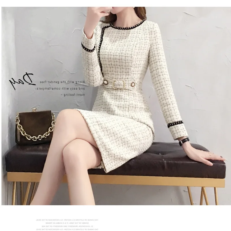 Новое весенне-осеннее и зимнее толстое шерстяное модное платье с высокой талией