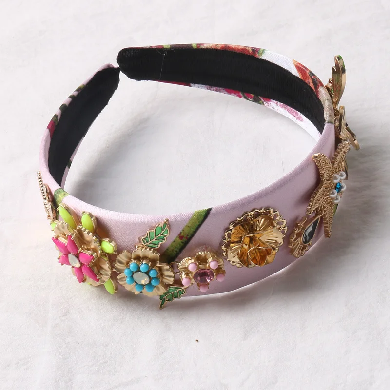 New Vintage Baroque Pink Silk Headbands For Women Resin Flower Gold Starfish Crowns Bridal Hair Ornament Head Jewelry Headpiece | Украшения