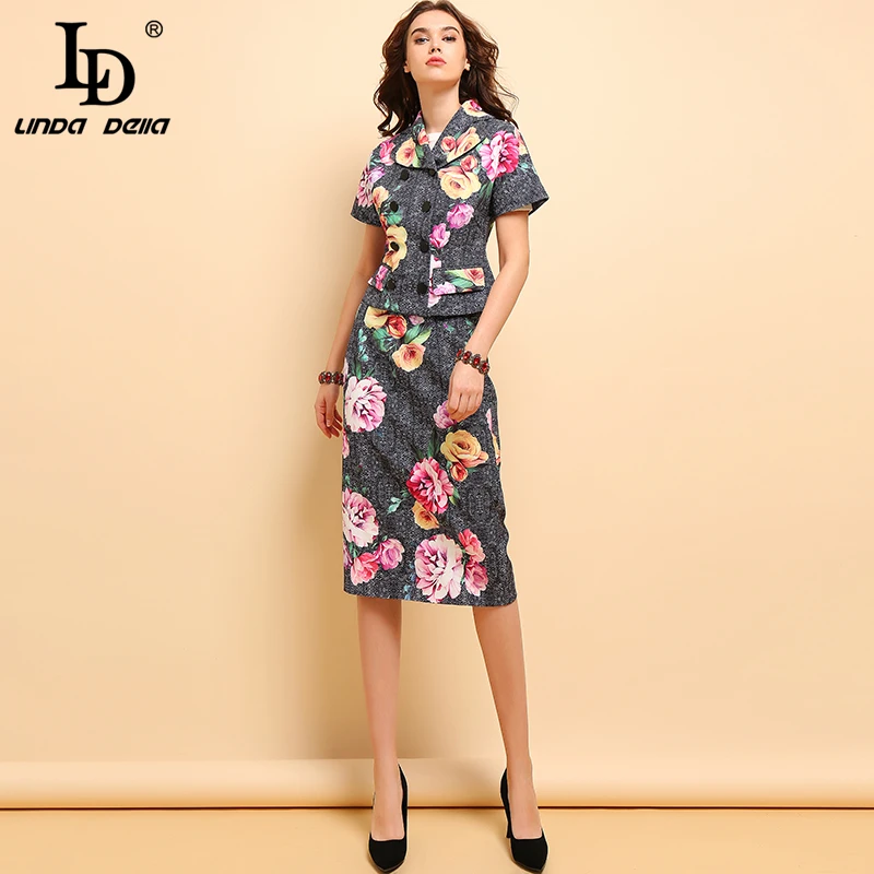 Женские костюмы LD LINDA DELLA из двух предметов с коротким рукавом и цветочным принтом