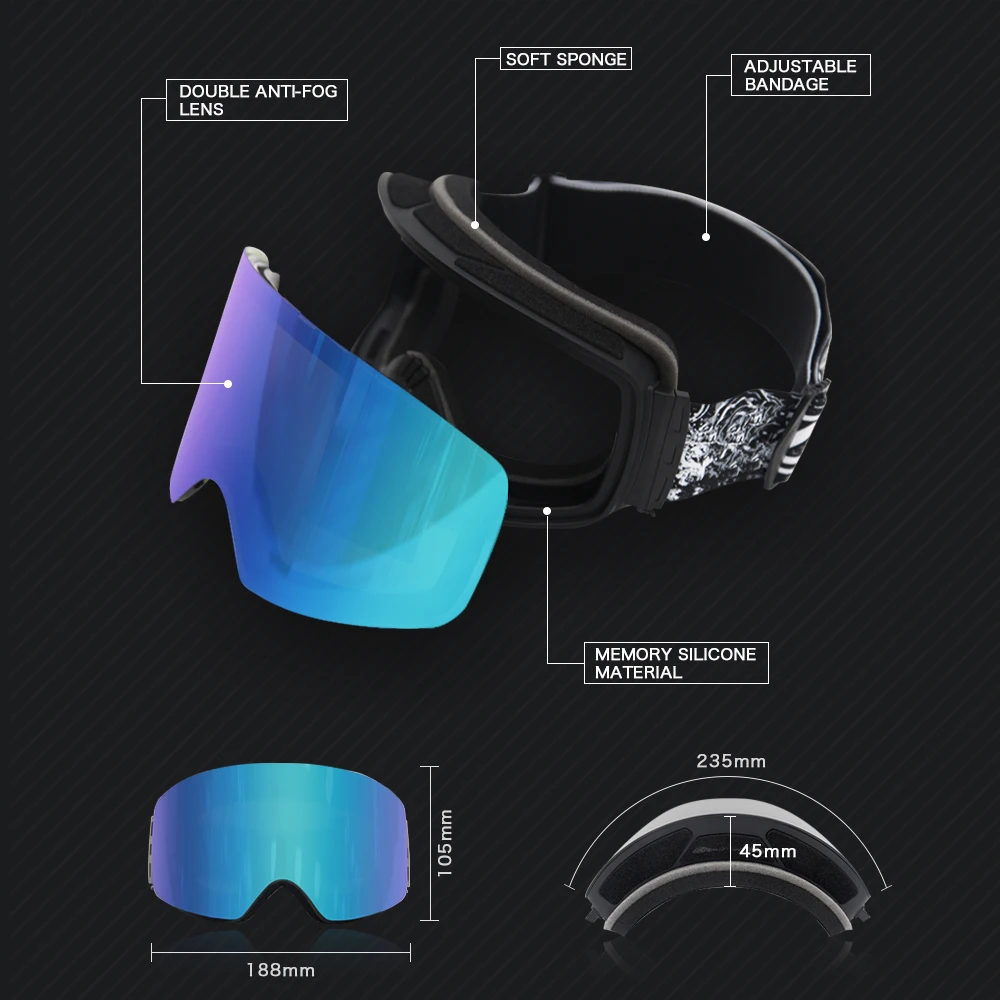 Лыжные очки UV400 plus двухслойные антизапотевающие сохраняющие тепло большие линзы