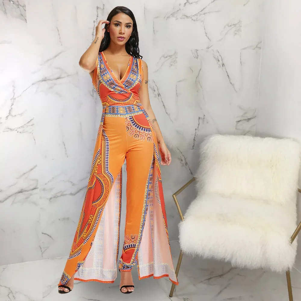 Women Fashion African Print Bodycon Pants Deep V-Neck Party Jumpsuits | Женская одежда