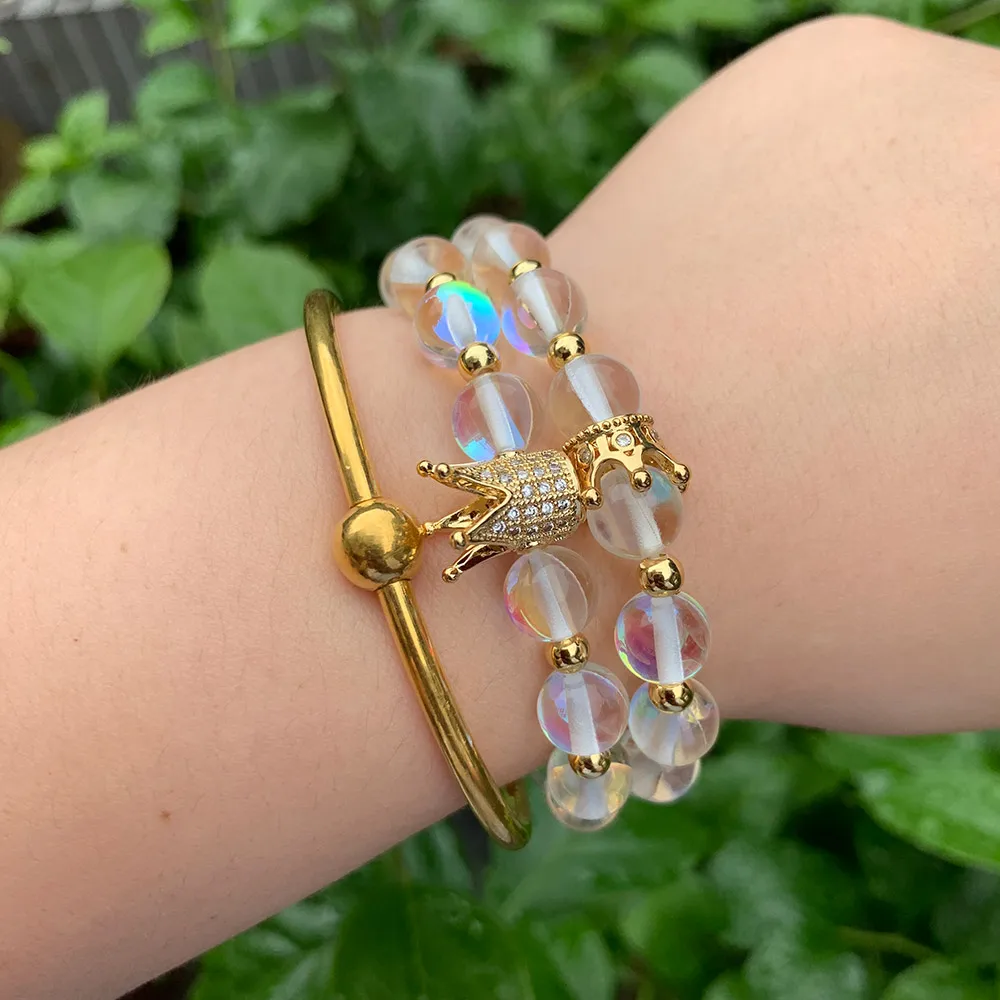 King Queen CZ crown women bracelets stone beads White Crystal Moonstone Bracelets &amp Bangle for jewelry accessories | Украшения и