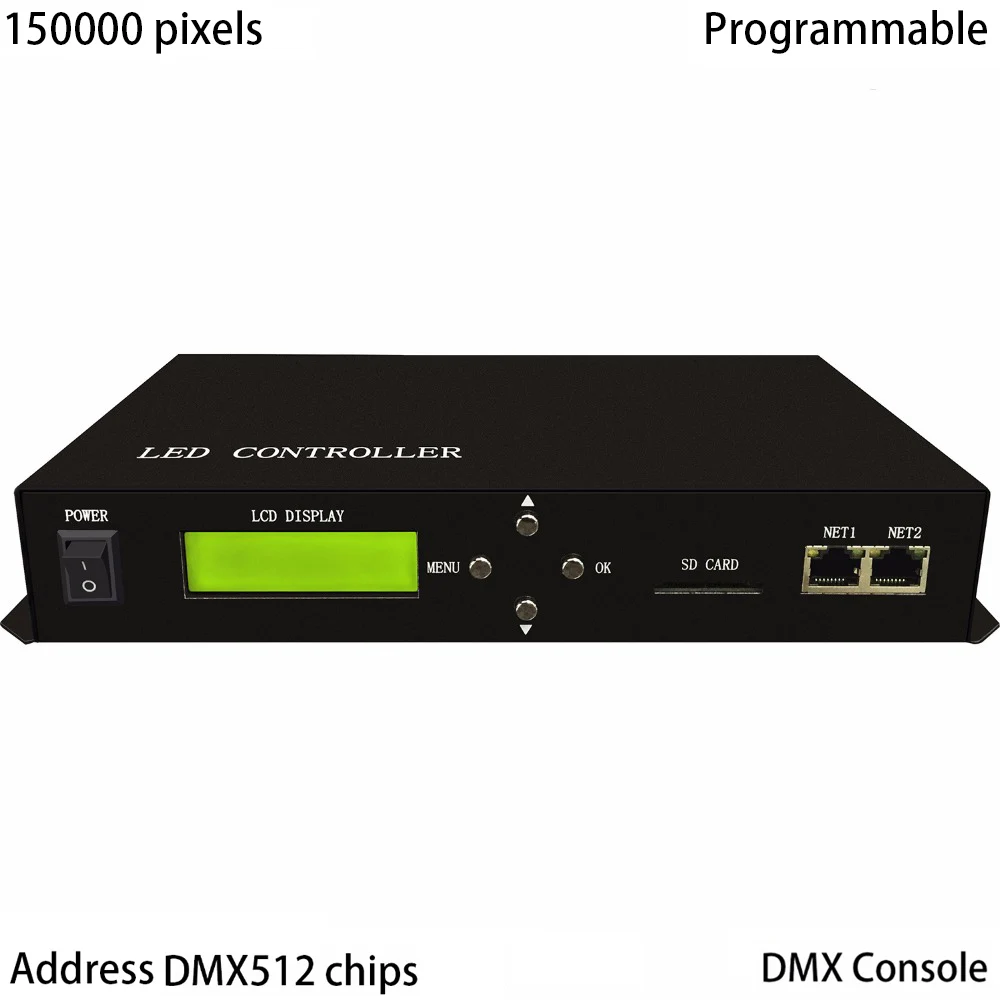 

LED master controller,full color,employ Ethernet protocol,drive max 150000 pixels,control max 255 slaves,support DMX console