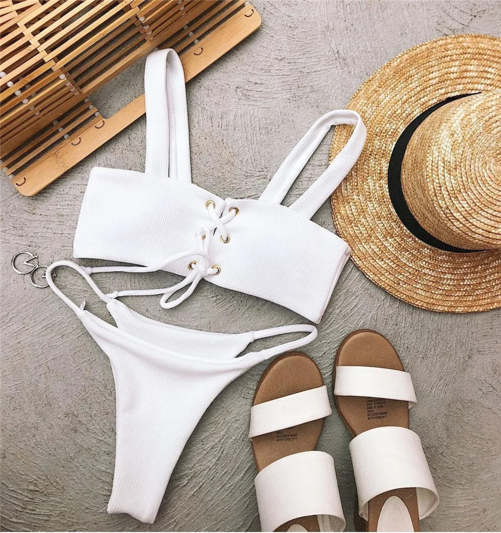 Pacento Твердые набор бикини Купальники Для женщин пляжная одежда купальник бинты