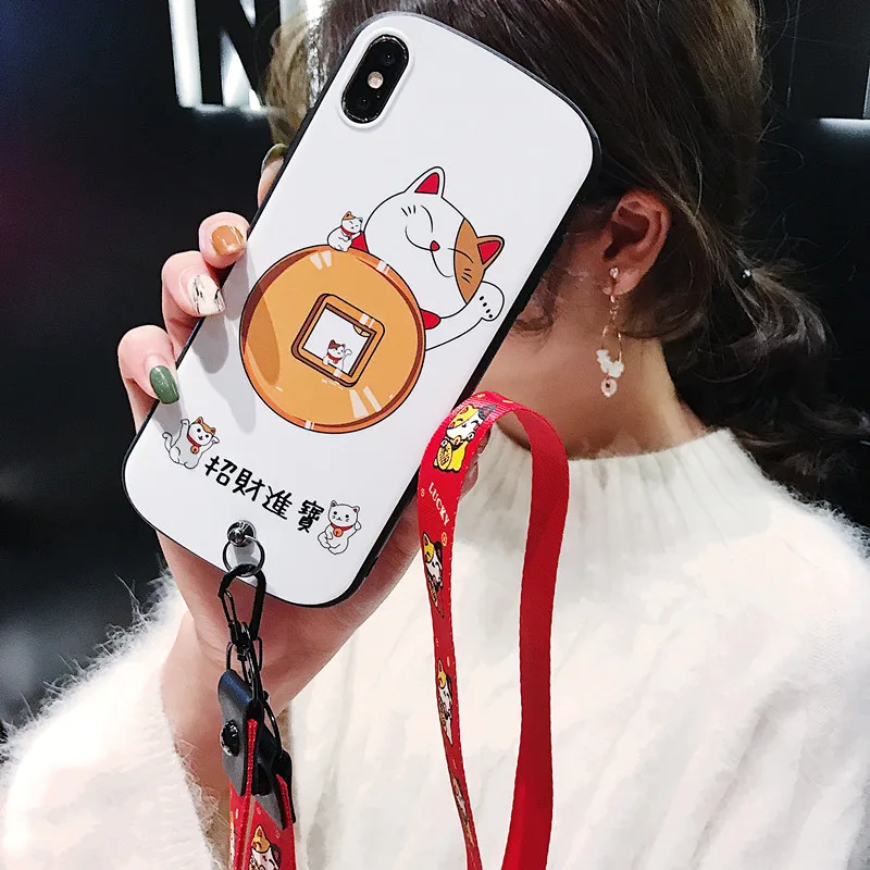 Роскошный защитный чехол для iphone XS max XR X с изображением кошки, мягкий чехол для iphone 11 Pro max 6 7 8 plus Maneki Neko+ ремни