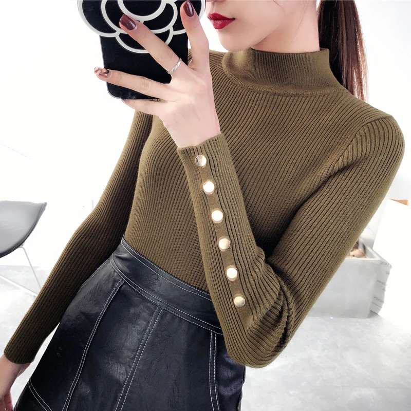 OHCLOTHING 2020 New Fashion half Korean Spring button Sleeve sweater Lady Female Tops Women knitted Turtleneck Pullover | Женская одежда
