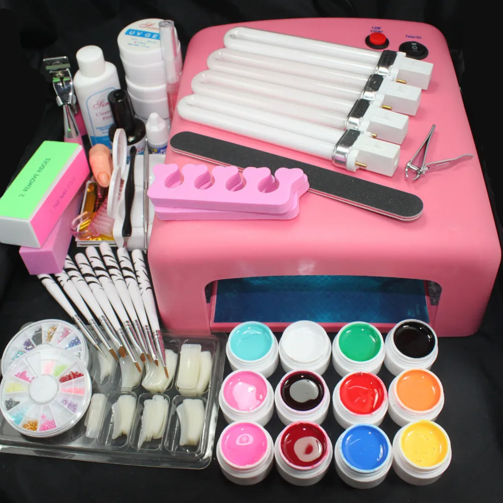 Pro 36W UV GEL Pink Lamp & 12 Color UV Gel Nail Art Tool Kits Sets Nail Oil Top Coat Primer buffer file cutter