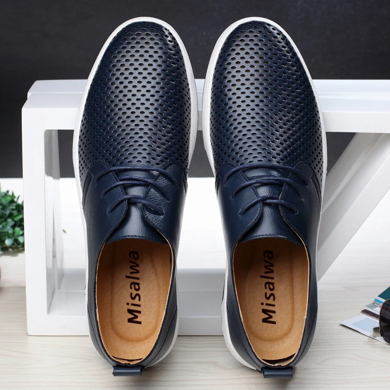 Misalwa 2021 Summer Men Leather Casual Shoes Big Size Hollow Lace-up Breathable Flats Free Drop Shipping | Обувь