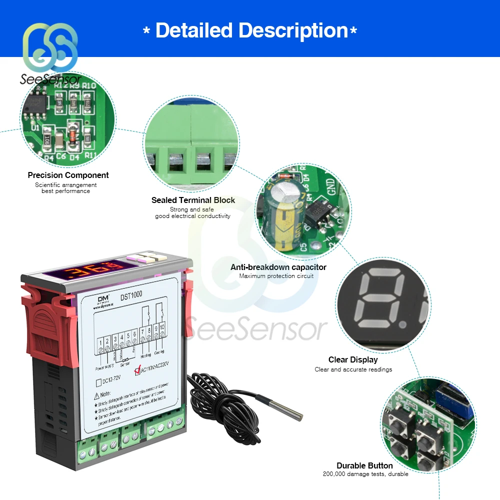 DST1000 AC 110V 220V DC 12-72V цифровой контроль температуры контроллер Лер термостат DS18B20 датчик Водонепроницаемый заменить STC-1000